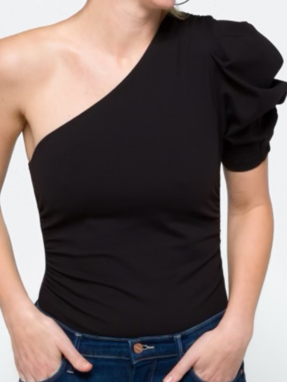 Free People Black One-Shoulder Ruffle Sleeve Knit Bodysuit